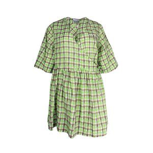 Ganni Checked Seersucker Wrap Dress in Green Organic Cotton